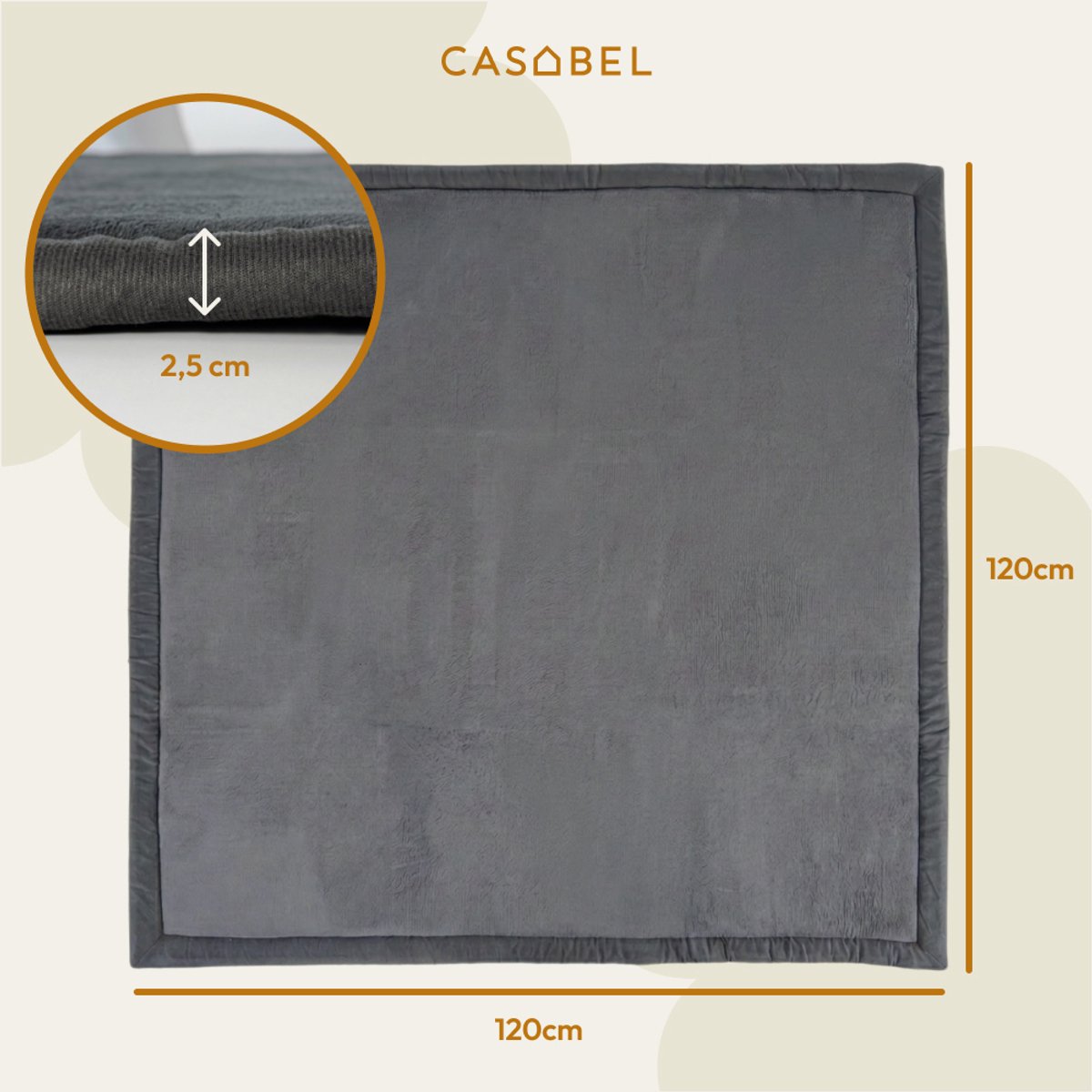 CASABEL Baby Speelmat van Grijs Fluweel 120×120 cm, Dik en Zacht, Schuim, Antislip Onderkant thumbnail 3