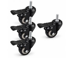 Zwenkwielen Set van 4 met Rem - 40mm Rubberen Loopwiel M8 Schroefdraad - Zware Transportwielen 60KG Draagvermogen - Universele Meubelwielen en Kastwielen voor Werkbank en Meubels - Zilver en Zwart