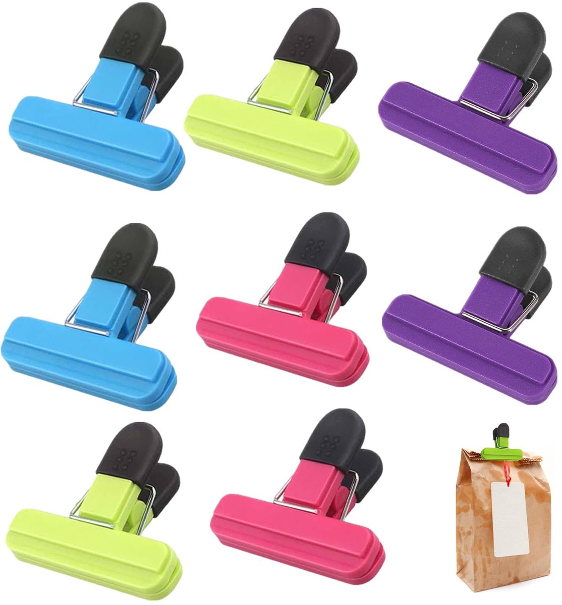 COOAU - Voedselzakclips - 8 stuks plastic sluitclips - Kleurrijke bewaarclips - Kleurrijke voedselclips - Clipklem sluiting - Zaksluiting met clip - Voor keuken, kantoor, garage (4 kleuren)