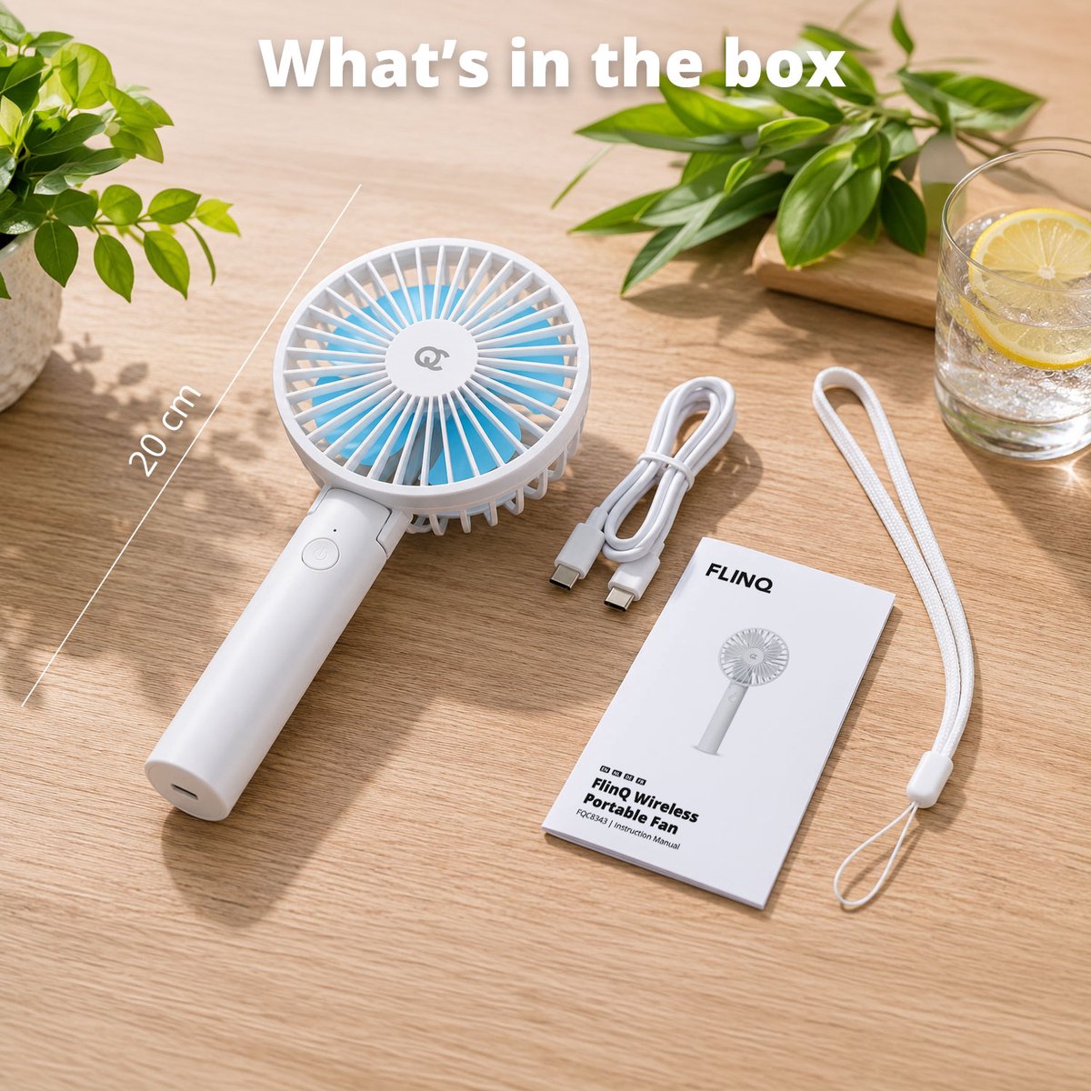 FlinQ Handventilator - Draagbare Ventilator - Mini Fan Oplaadbaar - Kleine Portable Ventilator met USB - Draadloze Tafelventilator - Wit / Blauw — afbeelding 5