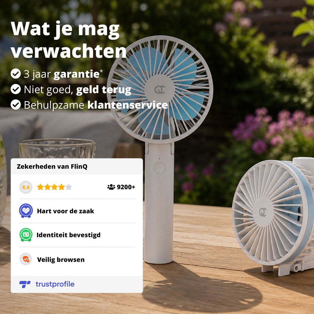FlinQ Handventilator - Draagbare Ventilator - Mini Fan Oplaadbaar - Kleine Portable Ventilator met USB - Draadloze Tafelventilator - Wit — afbeelding 3