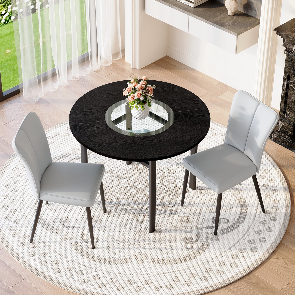 Eetkamerset - Ø100 cm - ronde tafel zwart houtlook + 2 lichtgrijze PU stoelen metalen poten - modern - hout+PU+metaal - lichtgrijs