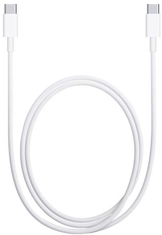 Witte USB-C laadkabel, 1 meter lang, met aan beide zijden een USB-C connector.
