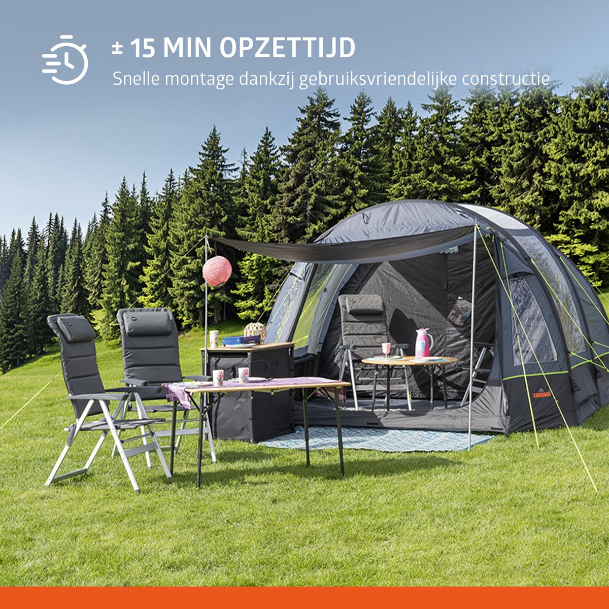 Campout 5 Persoons Familietent Opblaasbare Tunneltent – 2 Slaapcabines – 5000 mm Waterdicht – Grote Leefruimte – Incl. Pomp & Luifel – foto 6