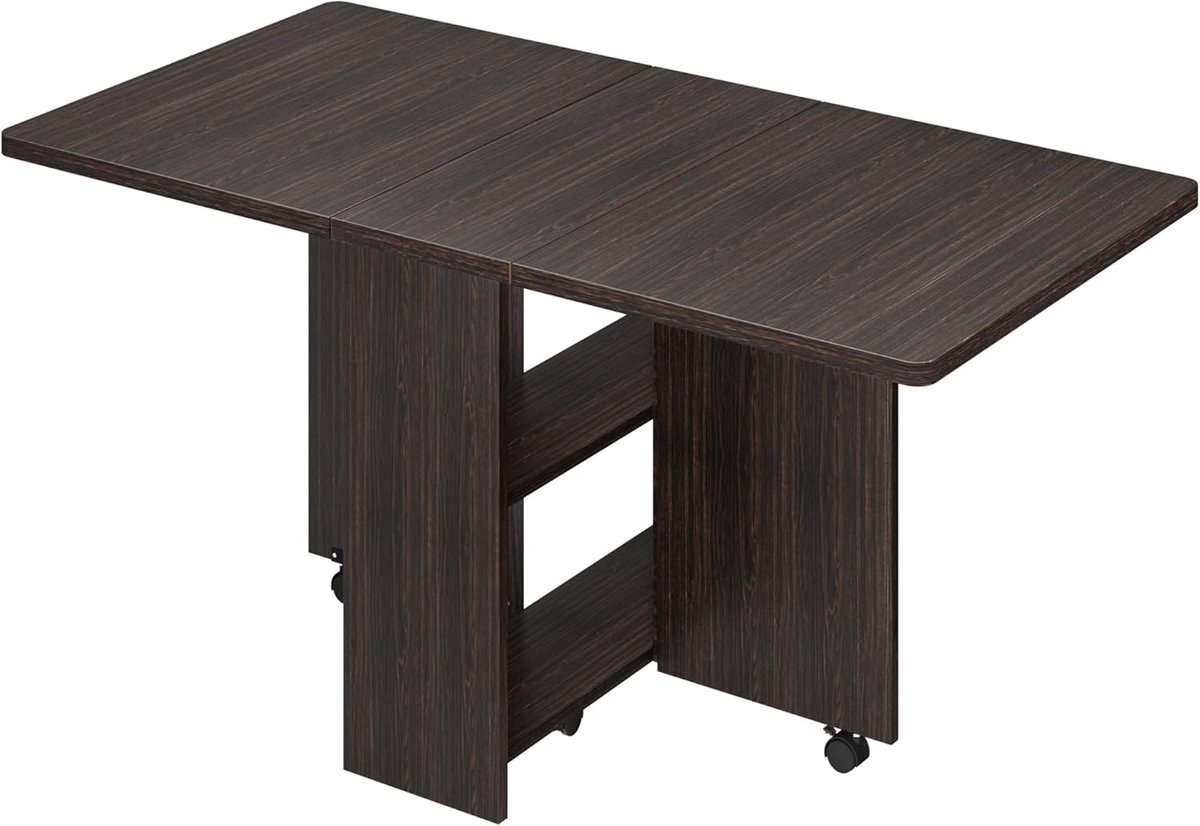 Opvouwbare Eettafel met Wielen – Ruimtebesparende Uitschuifbare Klaptafel – Mobiele Keukentafel met Opbergrek – Drop-Leaf Bureau voor 4 tot 6 Personen – Donker Walnoot – 127 x 80 x 75 cm