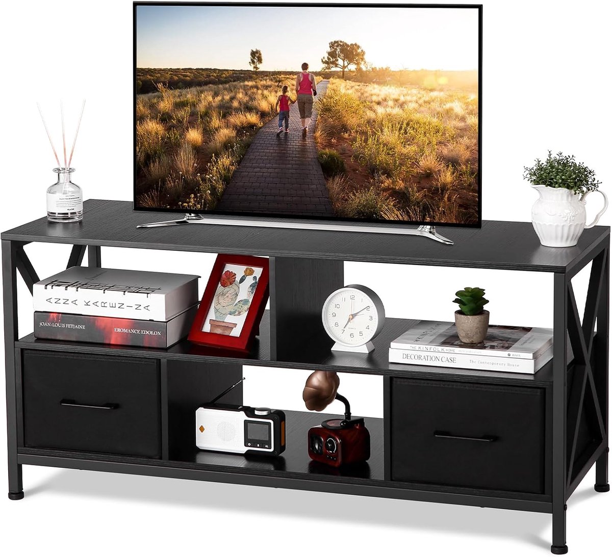 Tv-meubel - Landelijke stijl - Compacte zwarte afwerking - 2 stoffen lades en open plank - Tv-meubel voor tv's tot 50 inch voor woonkamer en slaapkamer