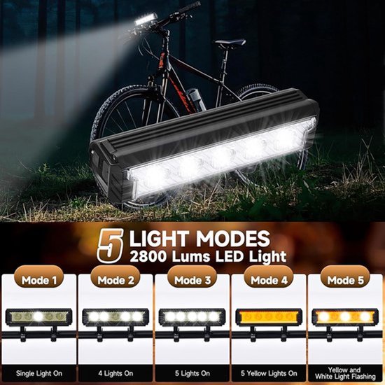 2800 Lumen E-bike Koplamp - Fietslicht - Bike light - 5 LED - 5 Standen - 6400mAh - IPX5 Waterdicht-Voorlicht MTB & Racefiets Verlichting — afbeelding 2