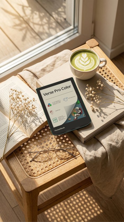 PocketBook Verse Pro Color op een houten tafel met boeken en koffie, in zonnig licht.