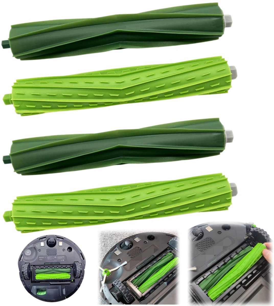 2 sets rolborstels - Stofzuigeraccessoires - Rubberen rolborstels - Vervangingsonderdelen voor iRobot robotstofzuigers - Reinigingsborstelkoppen - Geschikt voor AirRobot i7, E5, E6, i3 serie robotstofzuigers (2,5*19 cm - Groen)