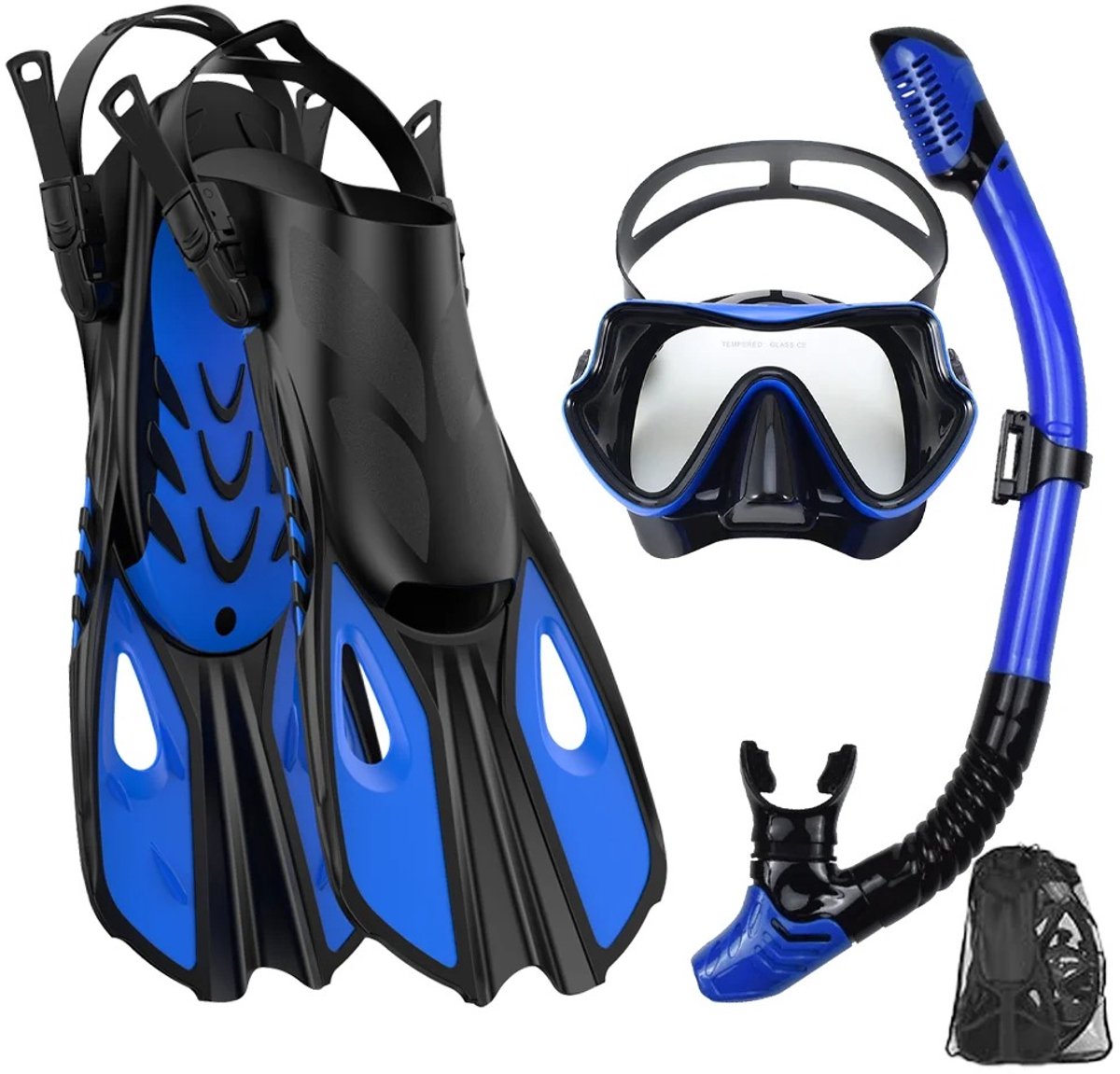 DIMICO - Snorkel - Snorkelset Volwassenen - 3-in-1 Snorkelmasker - Snorkelsets met Flippers - Blauw - Anti Condens - Met Draagtas