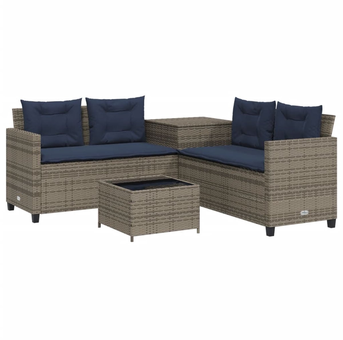 vidaXL - Tuinbank - met - tafel - en - kussens - L-vormig - grijs - poly - rattan