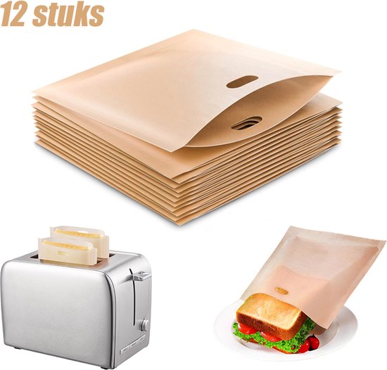 Lot de 12 – Sacs à toast – Sacs à sandwich – Sacs de grille-pain – antiadhésifs et lavables – pour grille-pain, micro-ondes, grill, four – 16x16.5cm