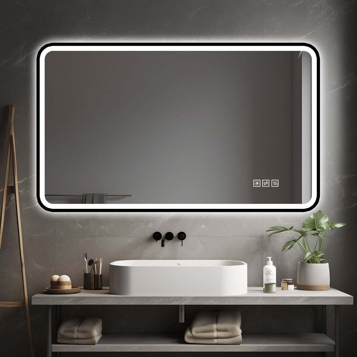 VVBV LED Badkamerspiegel 60x100 cm met Anti-condens, Dimbaar - 3 Lichtkleuren, Geheugenfunctie, IP44 - Aluminium Zwart