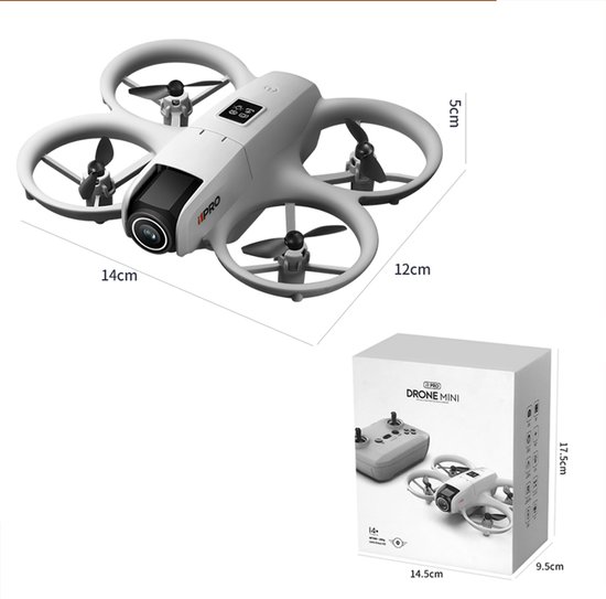 Afmetingen van de witte I1 PRO drone en de verpakking, inclusief de drone en afstandsbediening.
