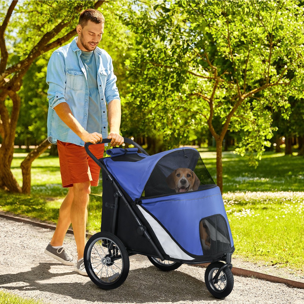 MODFU - Huisdierenbuggy - Inklapbaar - Met Veiligheidslijn En Grote Rubber Wielen - Voor Wandelingen - Oxford Stof - Blauw
