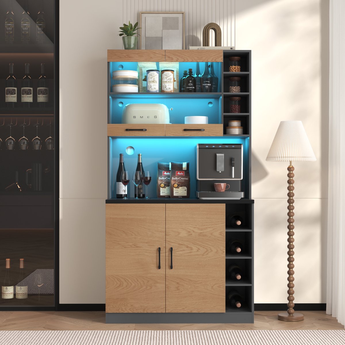 keukenkast, buffetkast met LED-sfeerverlichting en kabeldoorvoer, grote ruimte voor magnetron, 100x47x187cm, vrijstaand, in hoogte verstelbare zijplanken - Bruin
