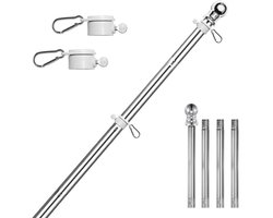 Aluminium vlaggenmastset - 5 secties, 150 cm - Inclusief aan de muur te bevestigen roestvrijstalen vlaggenmast en draaibare ring - In elkaar grijpende, schuine vlaggenmast - Zilver