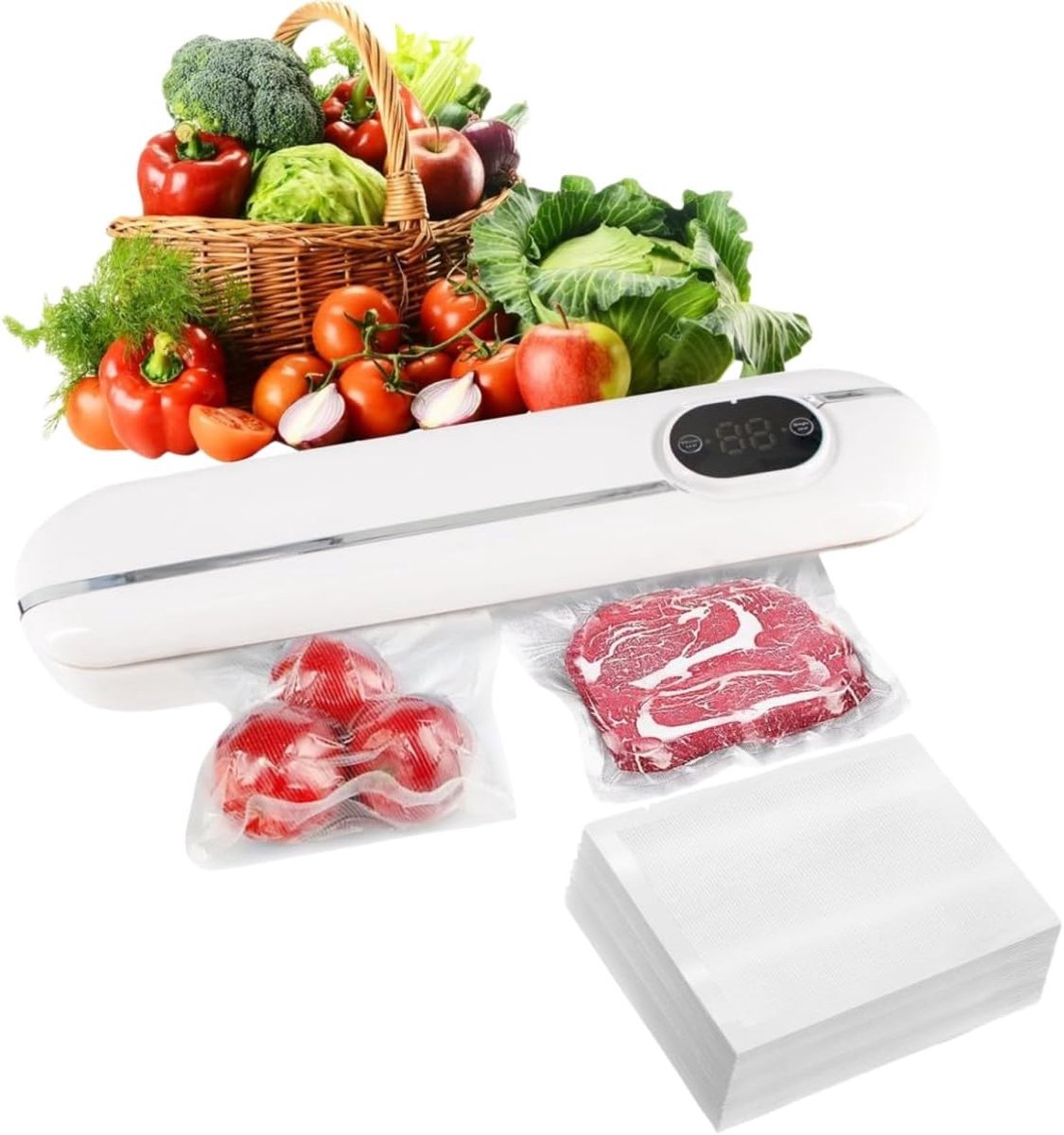 Vacuümmachine - Folielasapparaat - Voedsel bewaren - 5-in-1 multifunctioneel - 100 zakken - Wit