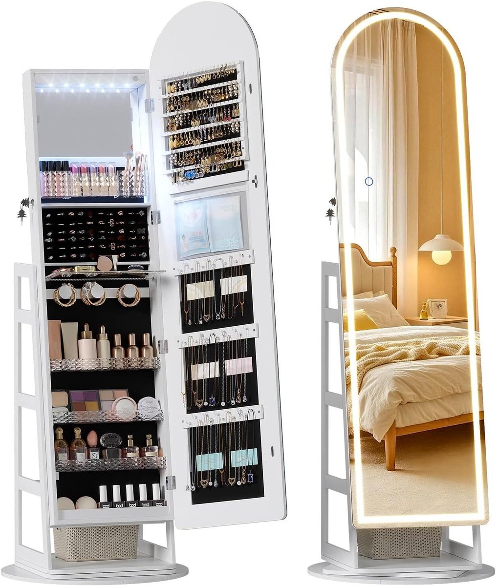 Sieradenkast met Spiegel - Juwelen Organizer - Sieraden Opbergen - 360 Graden Draaibaar - 165x56cm - Wit LED