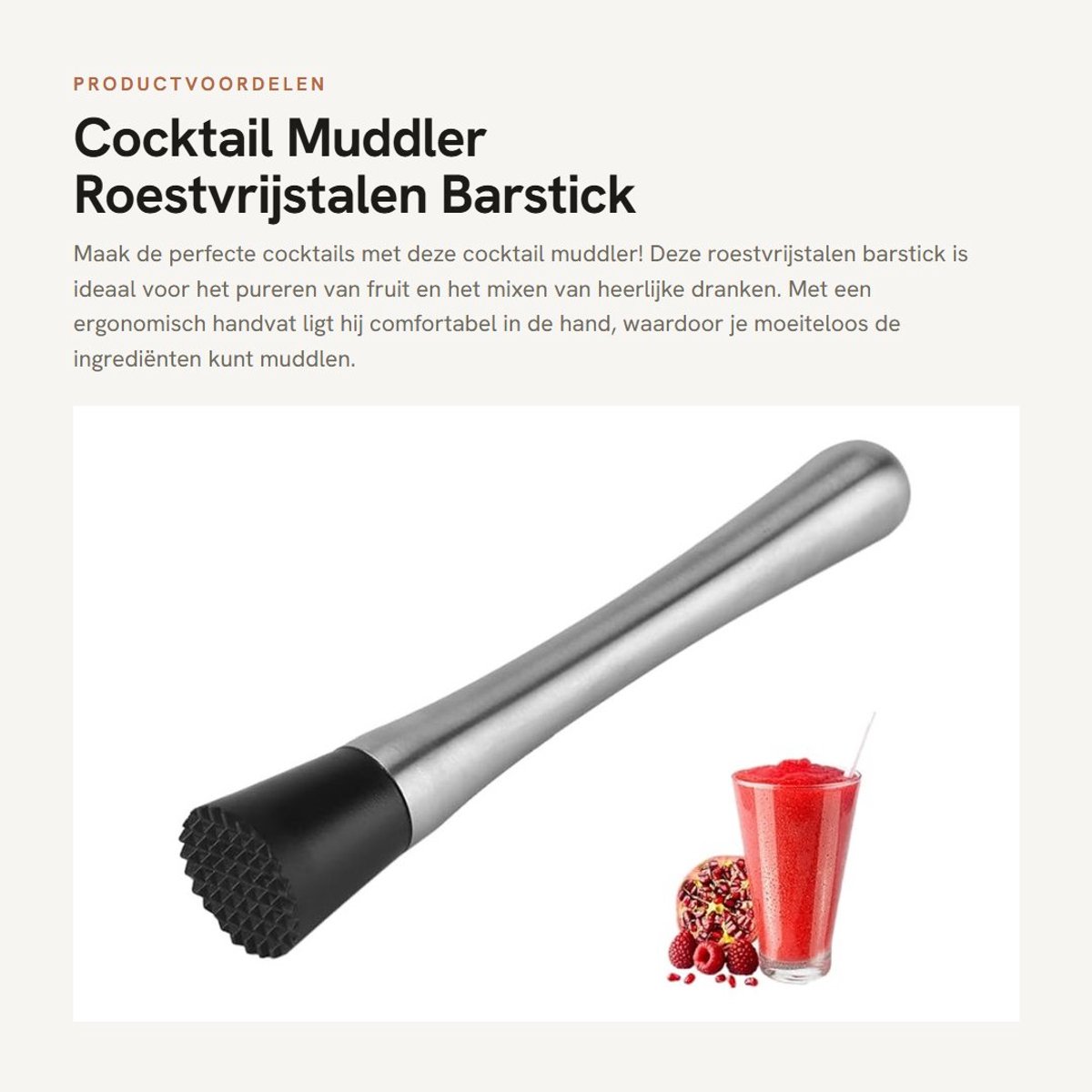 Dailygoods- Cocktail Muddler Roestvrij Staal 304 - Ergonomisch Handvat - Mojito Stamper - 20 cm - Antislip Kop - Duurzaam Gebruik - Barstamper