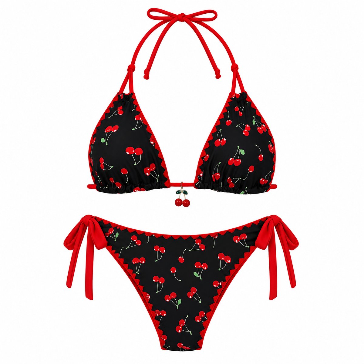 Zwart rood bikini set dames driehoek bikini halter bikini met kersen print tie string bikini zwempakset 2 delige strandkleding vakantie zwemkleding maat M