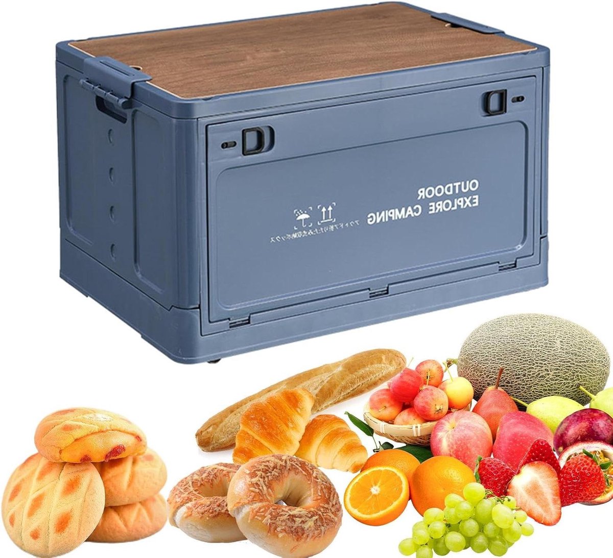 Opvouwbare Opbergdoos - Camping Organizer - Buiten Spullen Opslaan - Met Houten Deksel - 80 Liter - Blauw