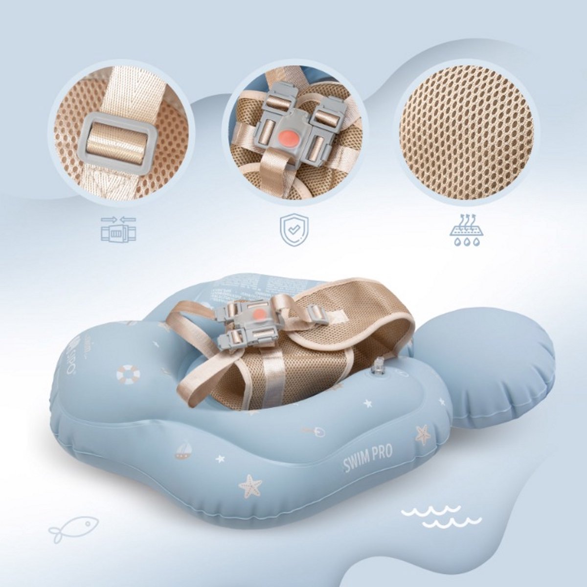 Sipo - Swim Pro - Baby Zwemband met Zitje - Opblaasbare Zwemtrainer Baby - Baby Float met Veiligheidsgordels - Zwemring voor Baby & Peuter 6-36 Maanden - 11-18 kg - 70 x 48 cm - Blauw – foto 4