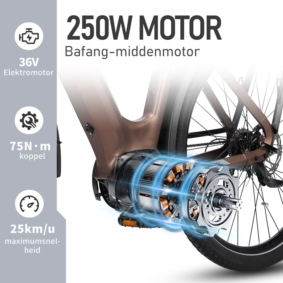 TTGO Elektrische Fiets 27.5 Inch - Bafang 250W Middenmotor - Tot 120 km Actieradius - 75Nm Koppel - 36V 18Ah Accu - Hydraulische Schijfremmen - Shimano 9 Versnellingen - Aluminium Frame - Max. Belasting 125 kg - Bruin thumbnail 8