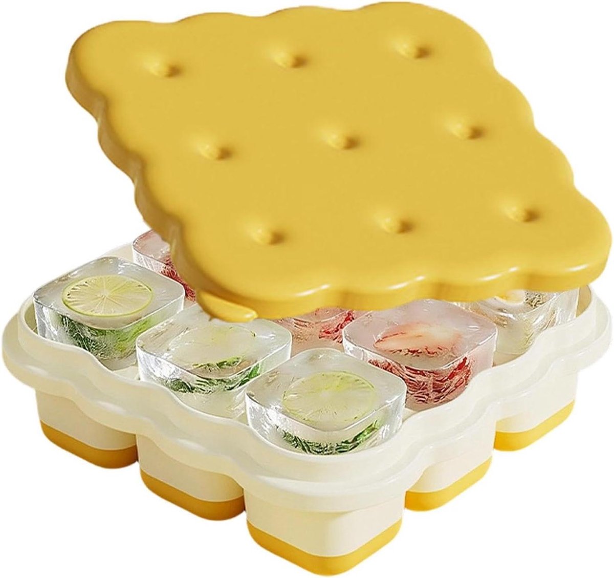 IJsblokjesvormen - Vriezer bakjes - Dranken Koelen - Met afsluitbaar deksel - 13x13x6 cm - Geel