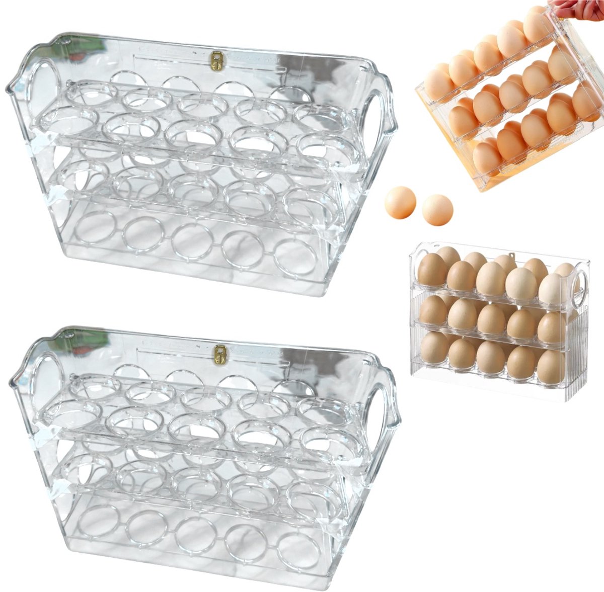 2 stuks Eierrek - Eierbewaarbox - Eierrek voor de koelkast - Eendeneierorganizer - Eierbewaardozen met 3 lagen - Omkeerbare plank - Met handvat - Passen 30 eieren - Voor koelkasten, aanrechtbladen, voorraadkamers (26*10*20 cm - Transparant)