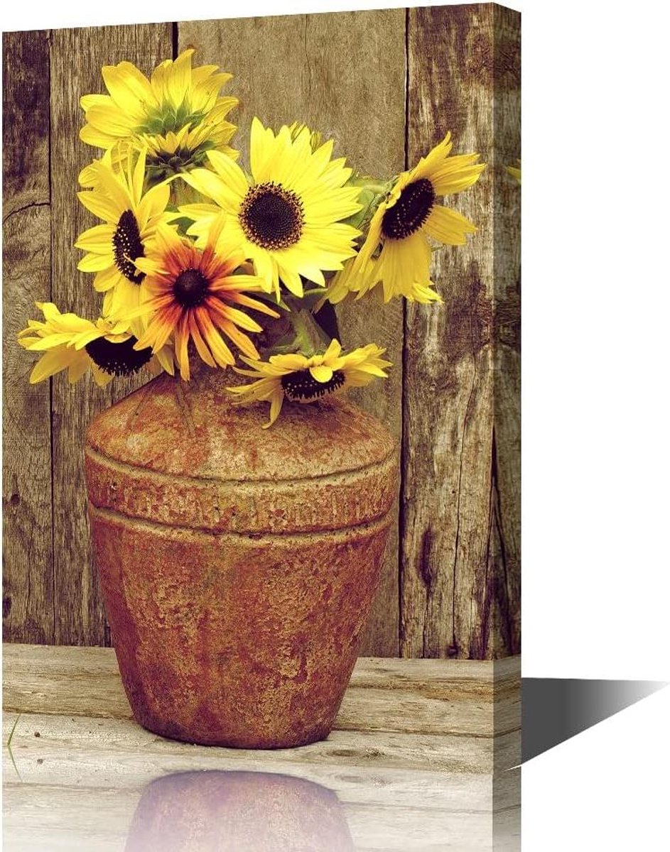 Rustieke Zonnebloem Kunst - Boerderij Bloemen - Woonkamer Decoratie - Krasbestendig Canvas - 61 x 91 cm - Geel