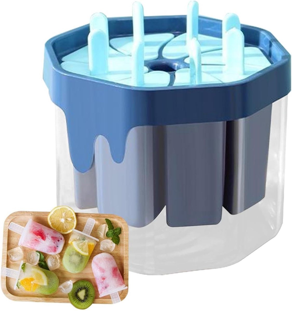 IJsjesmaker Vorm - IJshapen Bakje - Zelf Lekkere IJspops Maken - Met Drup Opvangbakje - 8 IJsjes Tegelijk - Blauw