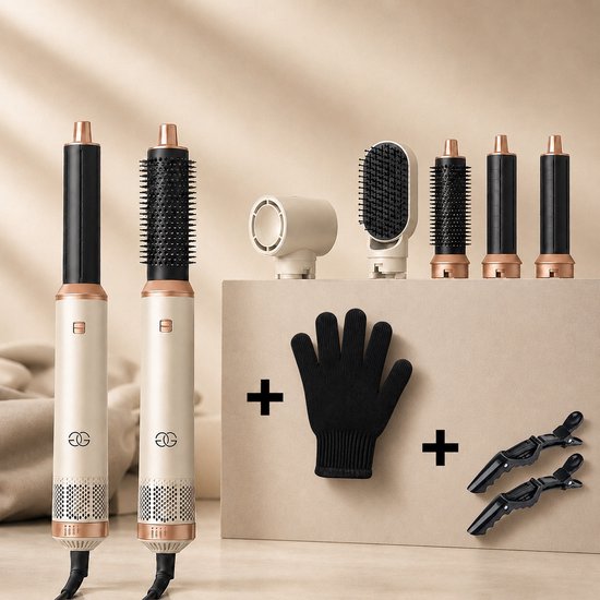 Haardroger-styler in wit en koper met accessoires: borstels, diffuser, handschoen en clips.