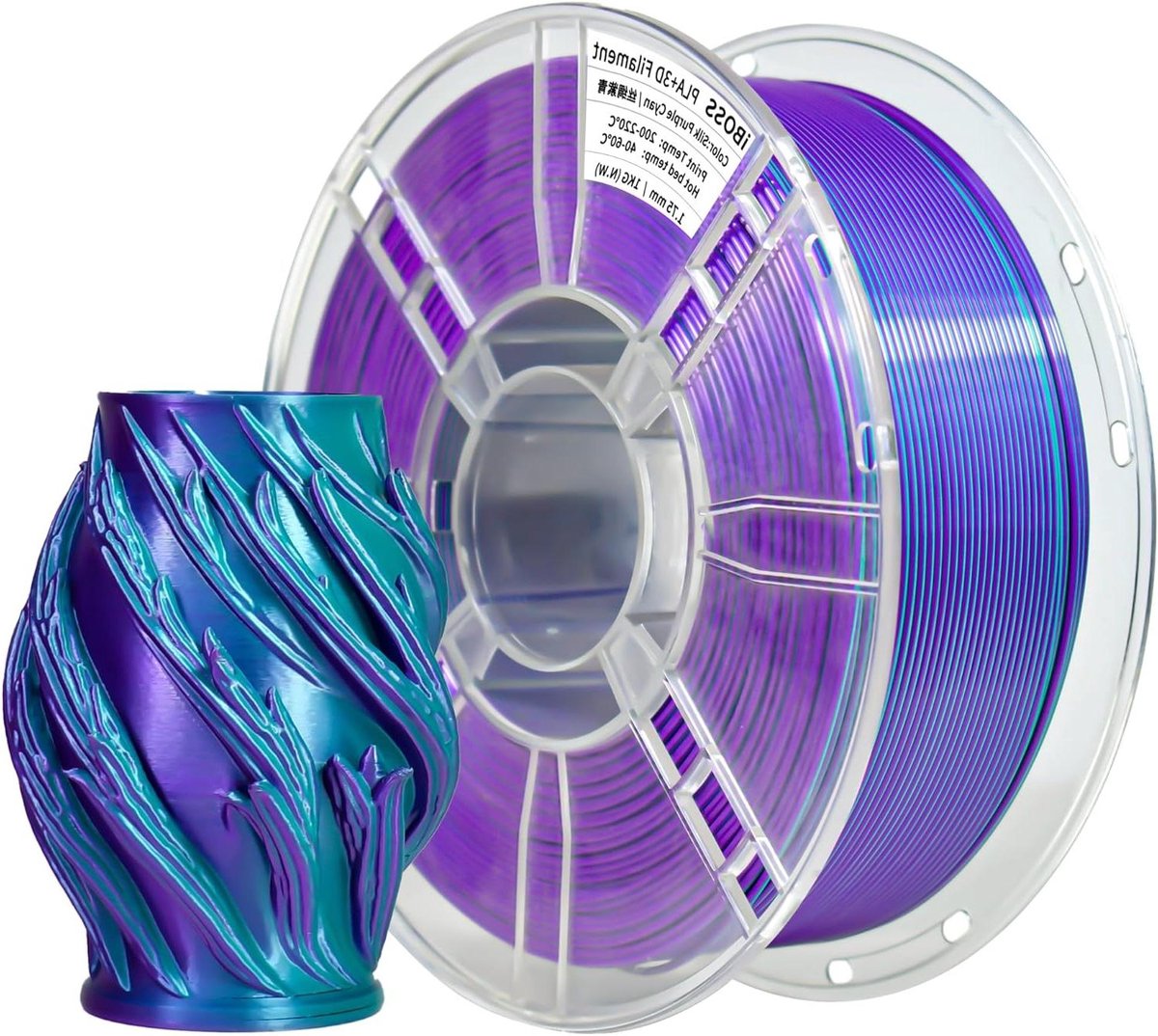 iBOSS PLA+ Filament 1.75mm, Shiny Two-Tone 3D Printer Material, Spool +/- 0.03mm, 1KG (2.2 pounds), Suitable for Most FDM Printers, Silk Purple Cyan
