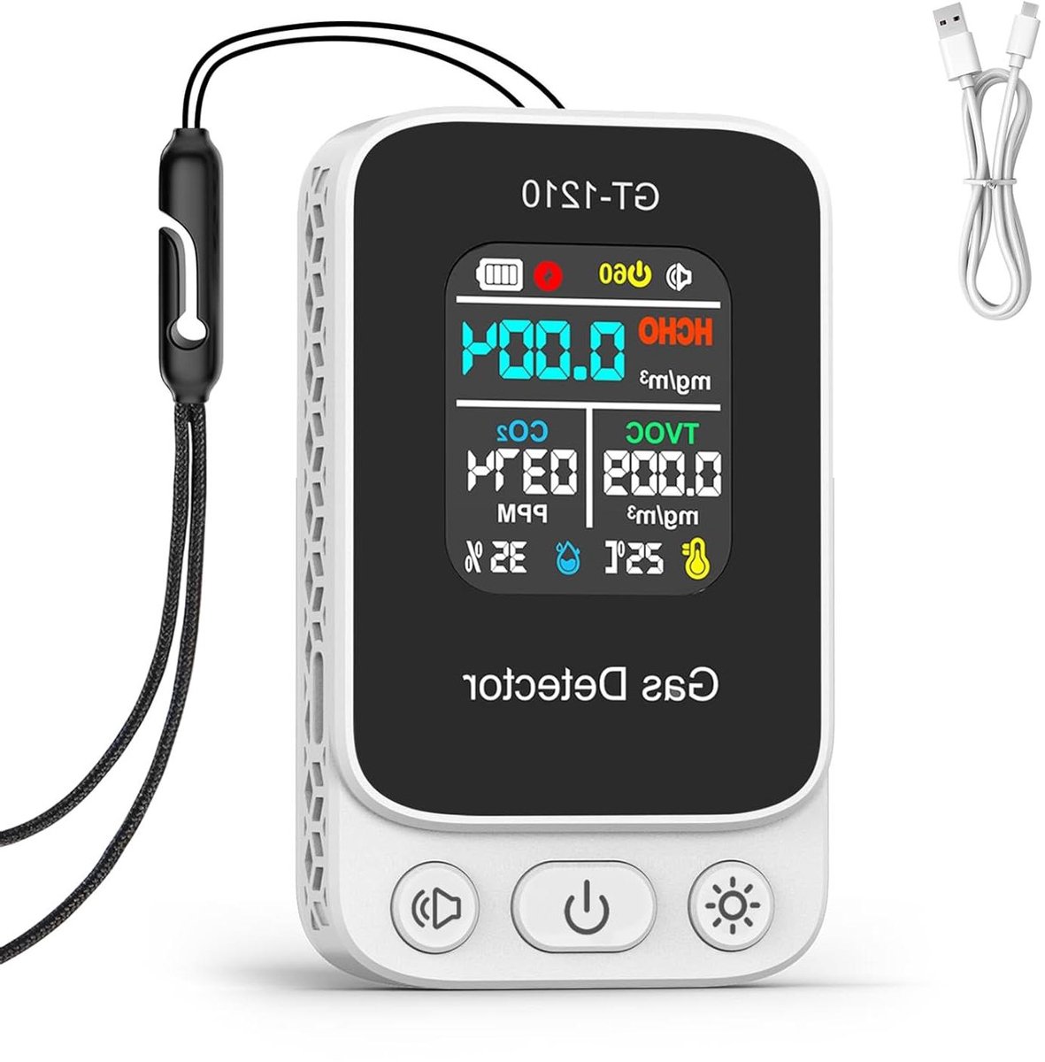 Luchtkwaliteitsmonitor - CO2-meter TVOC-meter - Binnenlucht Meten - 5-in-1 Detectie - 8.5 x 5 x 2 cm - Wit