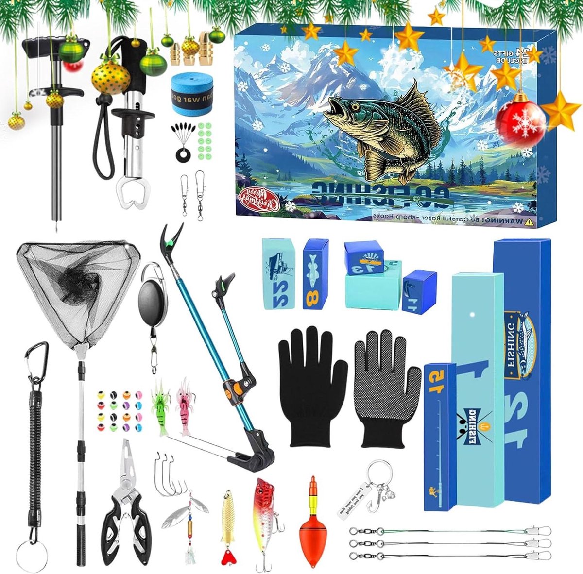 Adventskalender Vissen - Aftelkalender Kerst - Feestelijke Verrassing - 24 Dagen Vissersplezier - 43.5 x 28.6 x 6 cm - Uniek