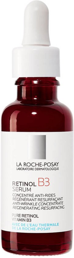 Flesje La Roche-Posay Retinol B3 serum met witte pipet en rode vloeistof, op witte achtergrond.