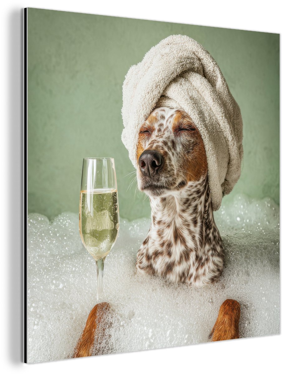 Aluminium schilderij 20x20 cm - Wanddecoratie metaal - Hond - Bad - Champagne - Handdoek -