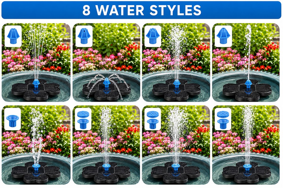 Zonnefontein voor Vogelbad - Solar Fonteinpomp met 8 Sproeikoppen en Verstelbare Paal - Automatische Waterpomp voor Vijver en Tuin - Inclusief Filterwatten - Zwart thumbnail 6