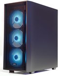 Zwarte pc-behuizing met geperforeerd frontpaneel en drie blauw verlichte ventilatoren.