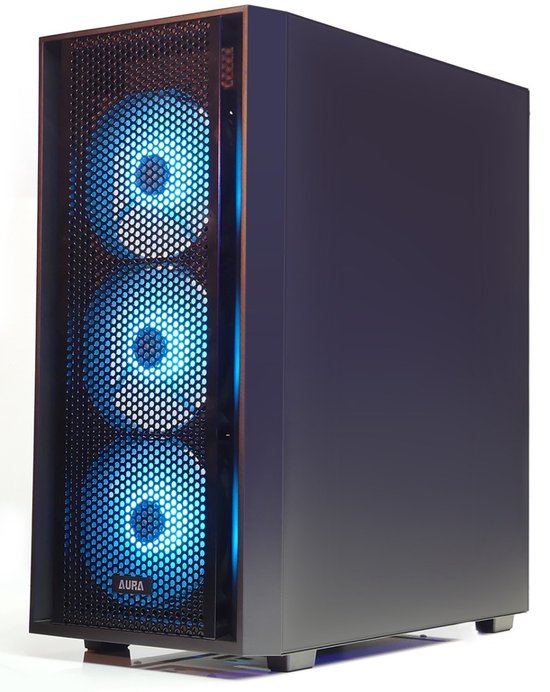Zwarte pc-behuizing met geperforeerd frontpaneel en drie blauw verlichte ventilatoren.