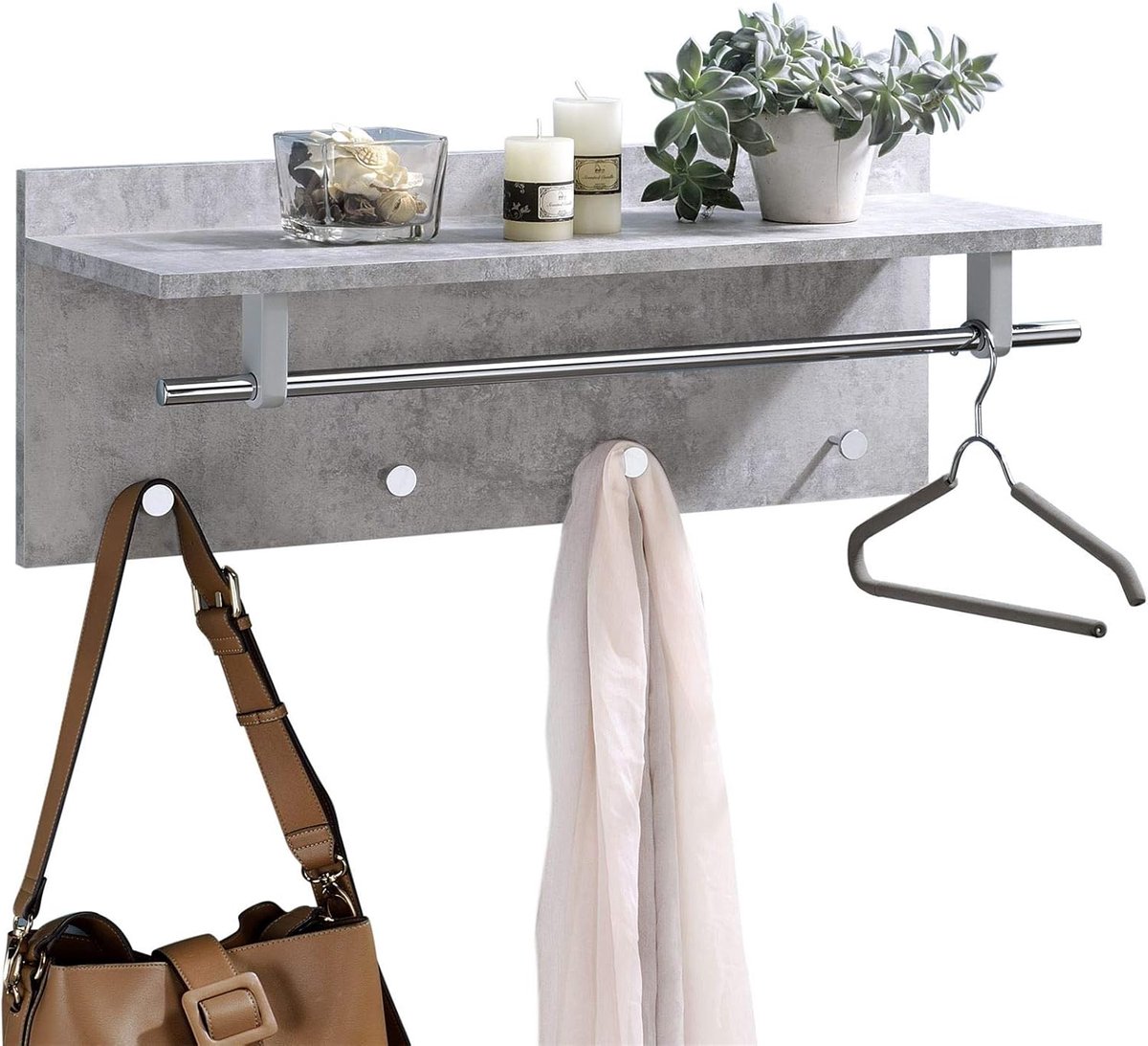 Wandgarderobe met vak - Kapstok meubel - Entree organiseren - Betonlook decoratie - 75 cm