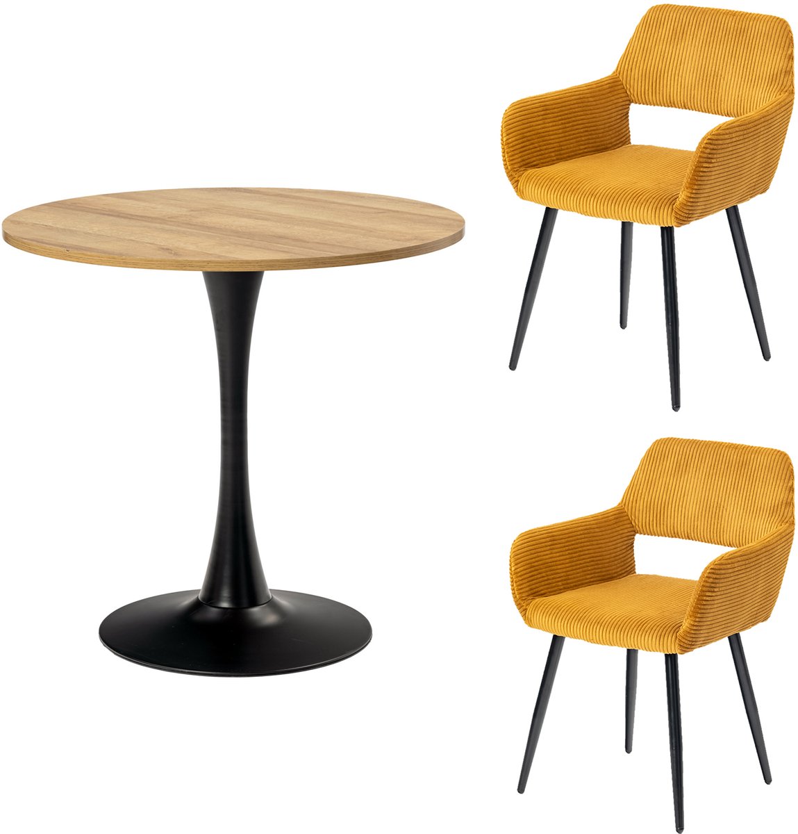 Eetkamerset - 3-delig Ronde tafel + 2 stoelen Gevoerd - Geel