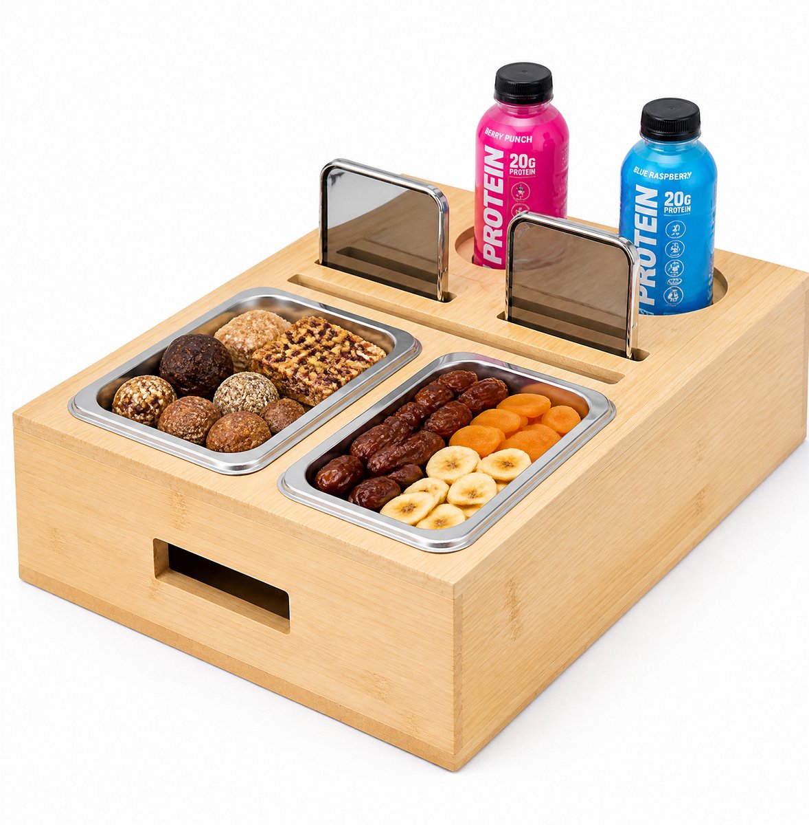 Houten Bier & Snack Organizer Tray - Bamboe Serveerplateau met Snackkommen en Bekerhouders - Multifunctionele Tafelhoezen