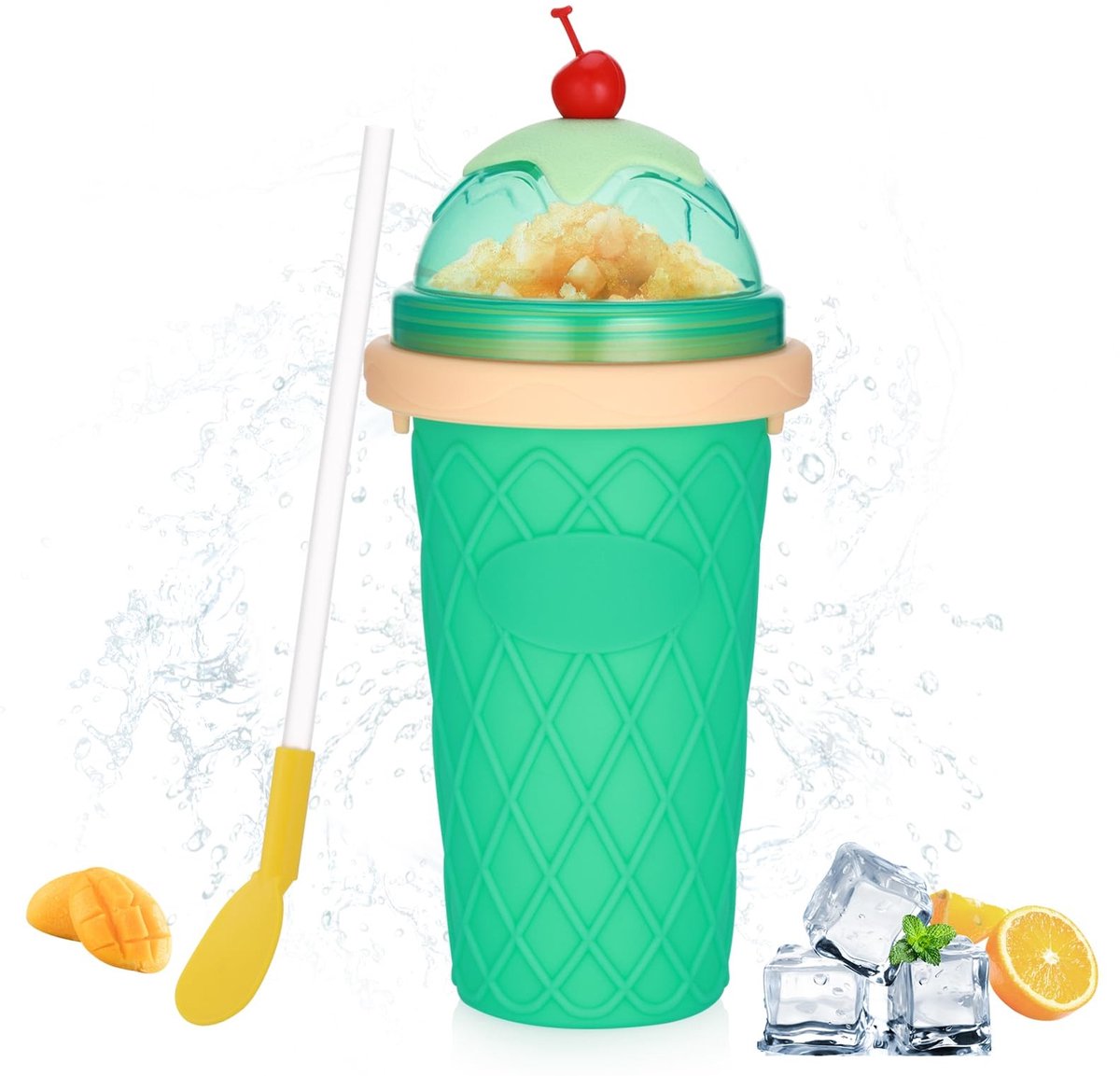 Dailygoods- Knijpbeker - Herbruikbare Slush Beker - IJsmaker - 2-in-1 Rietje/Lepel - Outdoor - Lichtgroen - Eenvoudig te bedienen - Slushbeker