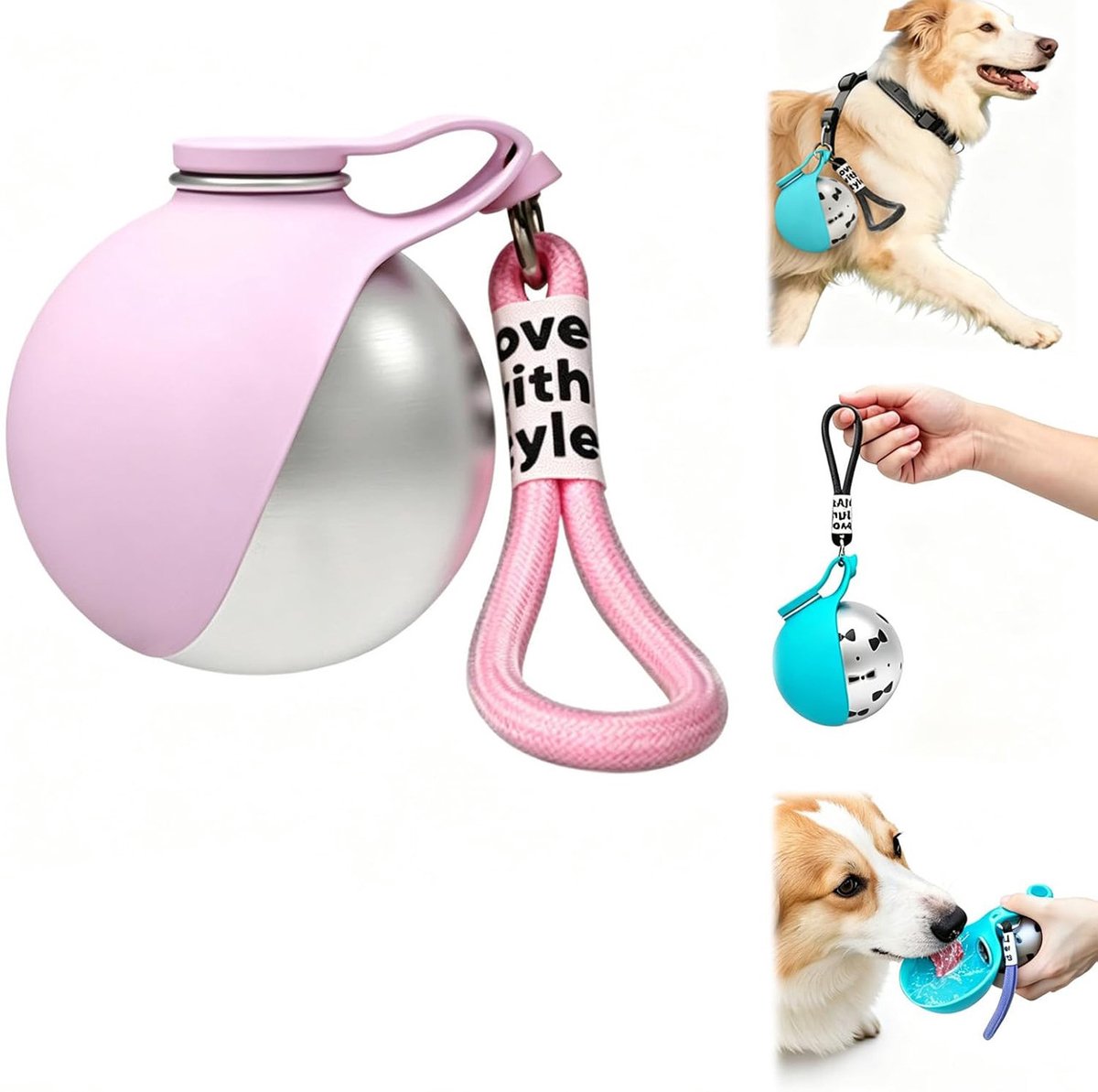 2-in-1 Draagbare Drinkfles Hond - RVS Honden Waterfles - Hondendrinkbal voor onderweg - Siliconen drinkbak - Opvouwbare - Katten - Huisdieren - 285 ml - Voor hondenuitjes, wandelingen en reizen - 8.7*9cm - Roze