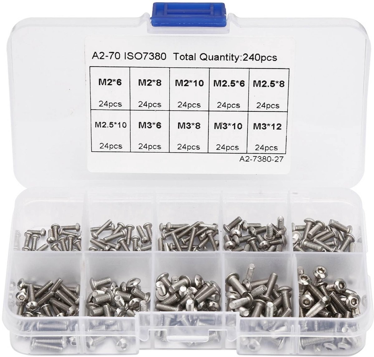 Dailygoods- Zeskantschroef 240 Stuks - Roestvrij Staal - Inbusbouten - Zeskantmoeren - Kunststof Opbergdoos - Corrosiebestendig - Inbusbout