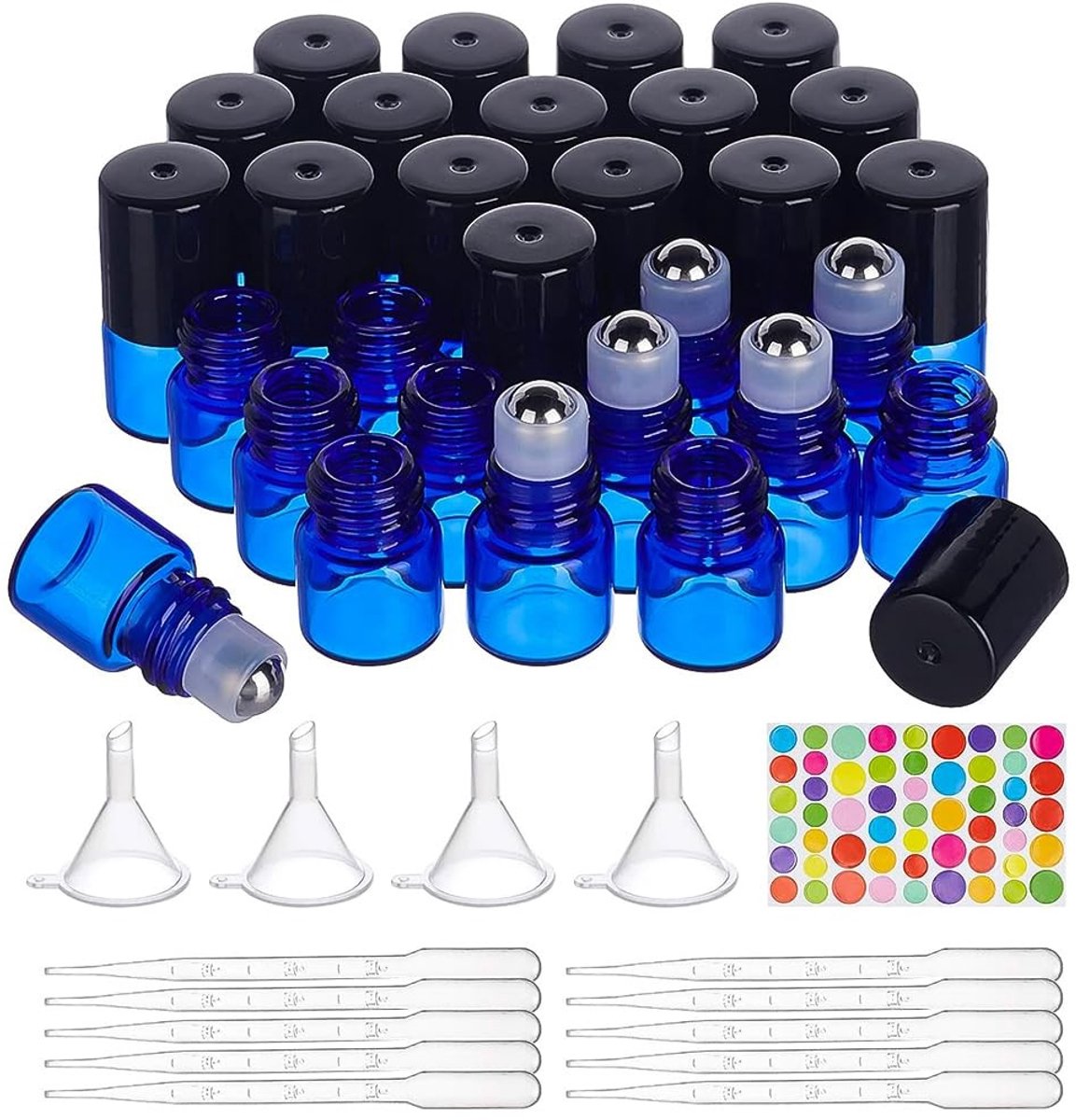 Dailygoods- Flessen 30 stuks - Blauwe Glazen Fles - 1 ml - Roestvrij Stalen Rolballen - Pipetten/Trechters - Stickervel - Rolfles