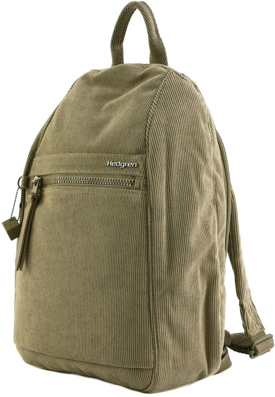 Schuine weergave van een beige ribfluwelen rugzak met Hedgren-logo en verstelbare schouderbanden.