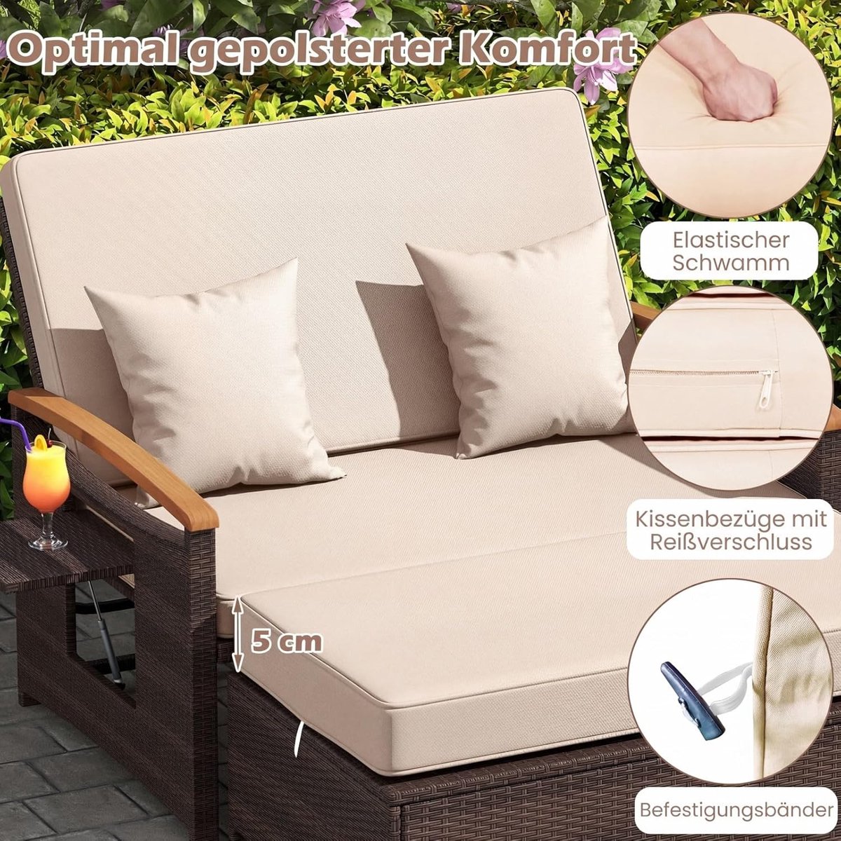 Tuinbank met Ligfunctie 166x164x54,5 cm Polyrotan Tweepersoons Zonnebed met Verstelbare Rugleuning, Uitklapbare Zijtafels, Voetenbank, Inclusief Kussens en Opbergruimte Beige - Mobili Bella